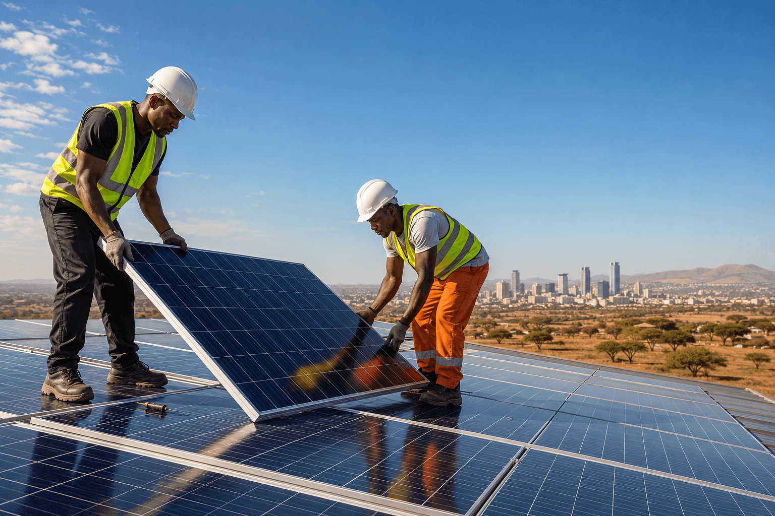 Solar technicians installing rooftop panels